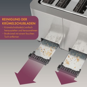 Prajitor de paine ProfiCook(r) | Prajitor de paine cu 4 felii | Carcasa din otel inoxidabil | 1500 wati | Slot larg | Atasament pentru role (detasabil) | 7 niveluri de bronzare reglabile | Sertar firimituri | Bobina de cablu | PC-TA 1252 - Img 6