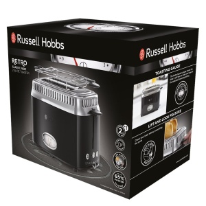 Prajitor de paine Russell Hobbs [pentru 2 felii] Retro din otel inoxidabil negru (afisaj cu numaratoare inversa in design retro, inclusiv atasament pentru chifle, 6 niveluri de rumenire + functie de dezghetare si incalzire, 1300W) Vintage 21681-56 - Img 2
