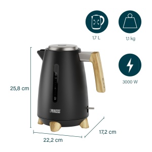 Princess Kettle Pure - 1,7 L - Design din bambus - Pivotant 360deg - 3000 W - Negru mat - Img 2