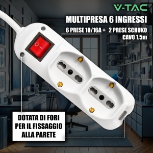 Priza multipla V-TAC cu 6 iesiri, cablu 1.5 m, cu intrerupator, culoare alba - Img 3