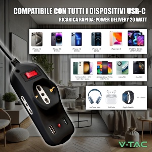 Priza Multipla V-TAC cu USB-C Power Delivery 20W, 2 Prizze 1016A, Negru - Img 8