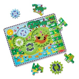 Puzzle din lemn pentru copii Melissa Doug, 24 piese, cu roti dintate, tematica animale