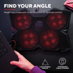 Racitor pentru laptop Trust Gaming GXT 278 Yozu, suport pentru laptopuri de gaming de 17.3 inchi, lumina rosie, cablu de alimentare USB, pad de racire cu 3 pozitii, suport de racire pentru notebook reglabil pe inaltime - negru - Img 3