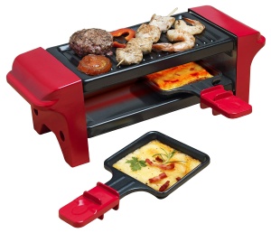 Raclette Bestron pentru 1 pana la 2 persoane, mini gratar de masa cu doua tigai si doua raclete din lemn, 350 wati, culoare: rosu/negru - Img 2
