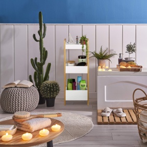 Raft de baie cu 3 cosuri, bambus si MDF, 74,5 x 28 x 20 cm, naturalalb - Img 2