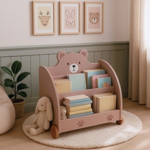 Raft pentru carti copii Relaxdays, motiv urs, 58x60x40 cm, cu roti, MDF - Img 2