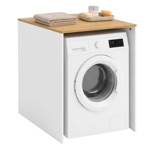 Raft pentru masina de spalat Relaxdays, 88x68x60 cm, albnatur, cu suport pentru detergent