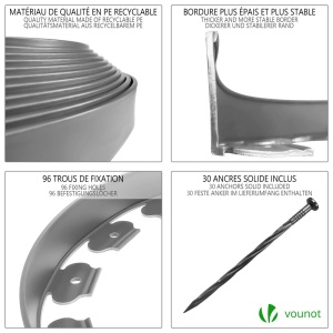 Rasenkante VOUNOT Flexibila din Plastic cu 60 Ancore, 20m, 5cm, Gri - Img 4