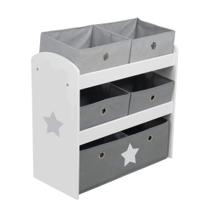 roba Raft de joaca Stars - Raft de jucarii pentru camera copiilor cu 5 cutii din tesatura - cu motiv stea - Raft de depozitare pentru baieti si fete - lemn alb