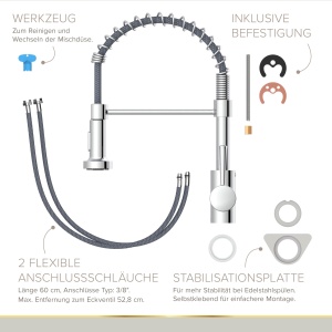 Robinet de bucatarie Lenz NOVA Chrome - cu dus pendular reglabil si gura pivotanta la 360deg - cartus de marca de inalta calitate - 46070902 - Img 6