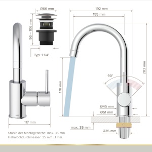 Robinet de lavoar Lenz Bow2 in crom - robinet de baie de inalta calitate cu gura pivotanta - instalare simpla si usor de curatat - 46010202 - Img 4