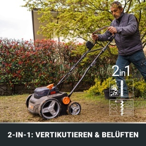 Scarificator si aerator de gazon fara fir WORX Nitro WG855E9 - pana la 400 m2 - latime grebla latime de lucru 36 cm - motor fara perii - reglare inalt - Img 2
