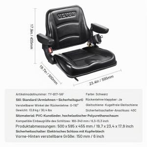 Scaun tractor VEVOR TY-B17-1AF, PVC, Negru, cu Spatar Reglabil si Centura de Siguranta - Img 7