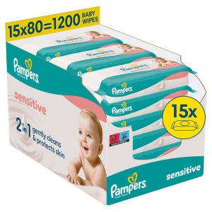 Servetele umede Pampers Sensitive, 15 pachete x 80 servetele, 2-in-1, fara alcool si parfum