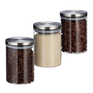 Set 3 Borcane Sticla cu Capac Metalic, 750ml, Transparent