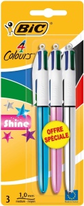 Set 3 Stilouri BIC 4 Culori Shine, Culoare Metallic, Refillabile
