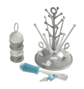 Set Cadou Bebelusi Beaba 911675, Suport Flacoane, Portioner Lapte, Perie Silikon, Gri