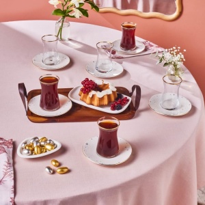 Set de ceai Karaca Fleur 12 piese pentru 6 persoane, portelan cu accente aurii - Img 2