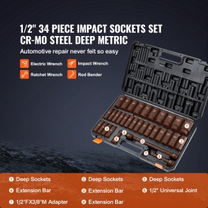 Set de chei cu impact VEVOR 34 piese, Cr-Mo, 8-36 mm, cutie de depozitare - Img 3