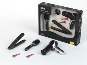 Set de Frizerie pentru Copii Theo Klein Braun Satin Hair 7, cu Uscator si Placa de Par