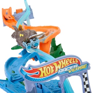Set de joaca Hot Wheels RacerVerse Jurassic World Crash Splash JFP32 cu Velociraptor Die-Cast si Spinosaurus