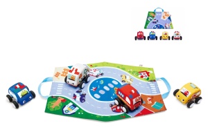 Set de Masinute Plush Hape cu Motor de Retur - 4 Vehicule cu Sac de Depozitare si Covor de Joaca