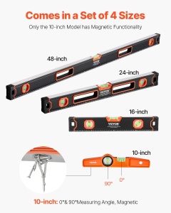 Set de nivele cu bula de aer pentru torpile VEVOR din 4 piese, set de niveluri cu bula de aer cutie de 120/60/40/25 cm, rigla libelula pentru 45/90/180 grade, instrument de masurare din aliaj de aluminiu (doar 10 inci sunt magnetici) - Img 3