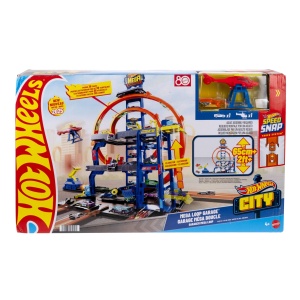 Set de pista Hot Wheels City Mega Park Garage, 3 nivele, capacitate 37 vehicule, cu masina si helicopter - Img 7