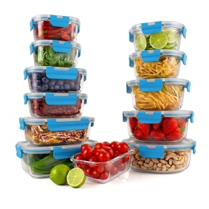 Set de recipiente pentru alimente NutriChef, 12 recipiente din sticla borosilicata, capacitate 325-1000 ml, culoare albastra