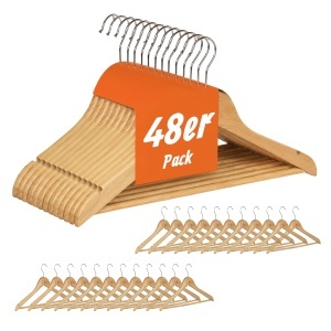 Set de Umerase din Lemn Relaxdays, 48 Umerase pentru Haine, H 22,5 x L 44,5 cm, NaturSilver