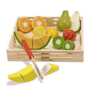 Set fructe de jucarie din lemn Melissa Doug, 17 piese, cu cutit si cutie de depozitare