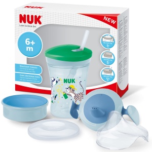 Set NUK 3-in-1 pentru a invata sa bei cu ceasca de antrenor (6+ luni), cupa magica 360deg pentru invatare (8+ M) si sticla de baut Action Cup pentru copii (12+ M) | 230 ml | Fara BPA | leopard verde
