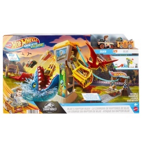 Set Pista Hot Wheels RacerVerse Jurassic World cu 2 Masini Die-Cast, Raptor Blue si Owen - Img 6