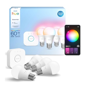Set Starter Philips Hue Essential Bridge 4 Becuri LED E27, Alb si Colorat, Dimmabile