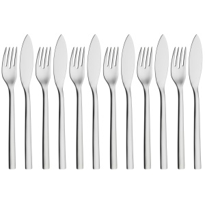 Set tacamuri de peste WMF Nuova 12 bucati, set de peste pentru 6 persoane, furculita de peste, cutit de peste, otel inoxidabil cromargan lustruit, sigur pentru masina de spalat vase
