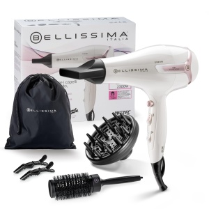 Set uscator de par Bellissima Italia, 2300W, cu tehnologie ionica, difuzor, perie rotunda si geanta de depozitare, alb-roz