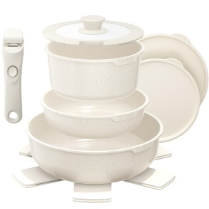 Set vase de gatit YASHE 9 piese Antiaderent Compatibil cu toate tipurile de plite Maner detasabil Alb