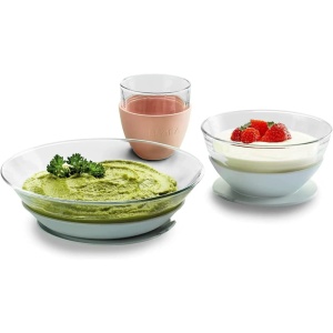 Set vesela pentru copii Beaba Eucalyptus cu ventuze din silicon sticla durabila fabricat in Franta