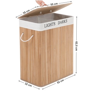 SONGMICS Cos de rufe din bambus sortator de rufe de 100 L cu 2 compartimente cos de rufe pliabil cu sac de rufe detasabil Cutie de rufe dreptunghiular - Img 4