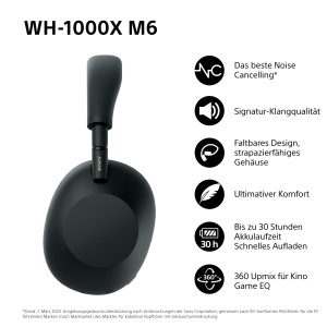 Sony WH-1000XM6 Casti Wireless Over-Ear Emblematice cu Anulare A Zgomotului, Sunet de Inalta Rezolutie, Confort Suprem, Design Pliabil, Husa Durabila, Baterie de 30 De Ore, iOS si Android - Negru - Img 2