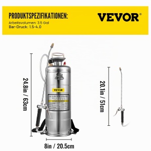 Spray de presiune VEVOR 12L din otel inoxidabil, 1.5-4.0 bar, cu furtun de 91 cm - Img 8