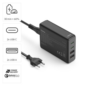 Statie de incarcare Hama 4-porturi USB GaN 65W, negru, cu cablu de 1.5m - Img 2