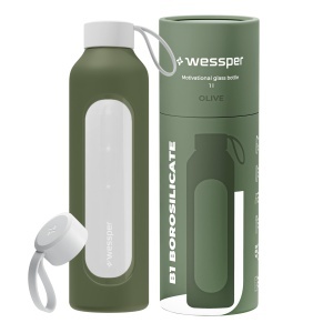 Sticla de apa din borosilicat Wessper D1, 1 litru, cu husa din silicon, fara BPA, culoare olive