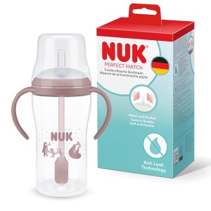 Sticla de invatare NUK Perfect Match cu pai, 260 ml, roz, anti-scurgere