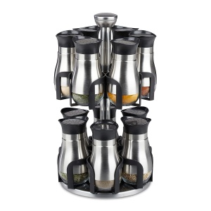 Suport condimente Relaxdays, 12 borcane, rotativ, inox si sticla, argintiunegru
