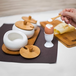 Suport condimente Relaxdays JIAO din ceramica si bambus, 3 borcane, 8.5 x 30.5 x 12 cm - Img 2
