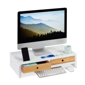 Suport Monitor Relaxdays din Bambus, Ergonomic, 2 Sertare, AlbNatural