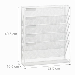 Suport pentru reviste Relaxdays, 5 compartimente, metal, alb, 40,5 x 32,5 x 10,5 cm - Img 4