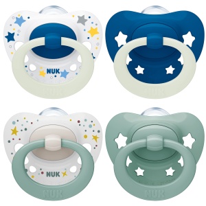 Suzeta pentru bebelusi NUK Signature Day & Night | 0-6 luni | Calmeaza 95% dintre bebelusi | Suzete din silicon in forma de inima fara BPA | Straluceste in intuneric | Stele | 4 bucati