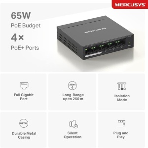 Switch PoE Gigabit Mercusys MS105GP, 5-Porturi, 65W, Plug-and-Play - Img 3